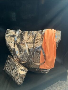 Falchi bag faux metallic snakeskin subtle pewter, roomy and dramatic with pouch